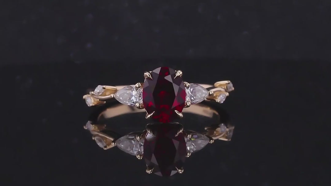 7x9mm, 2.50ct Oval Lab-Grown Red Ruby Ring with Floral Diamond Band in 14K Yellow Gold