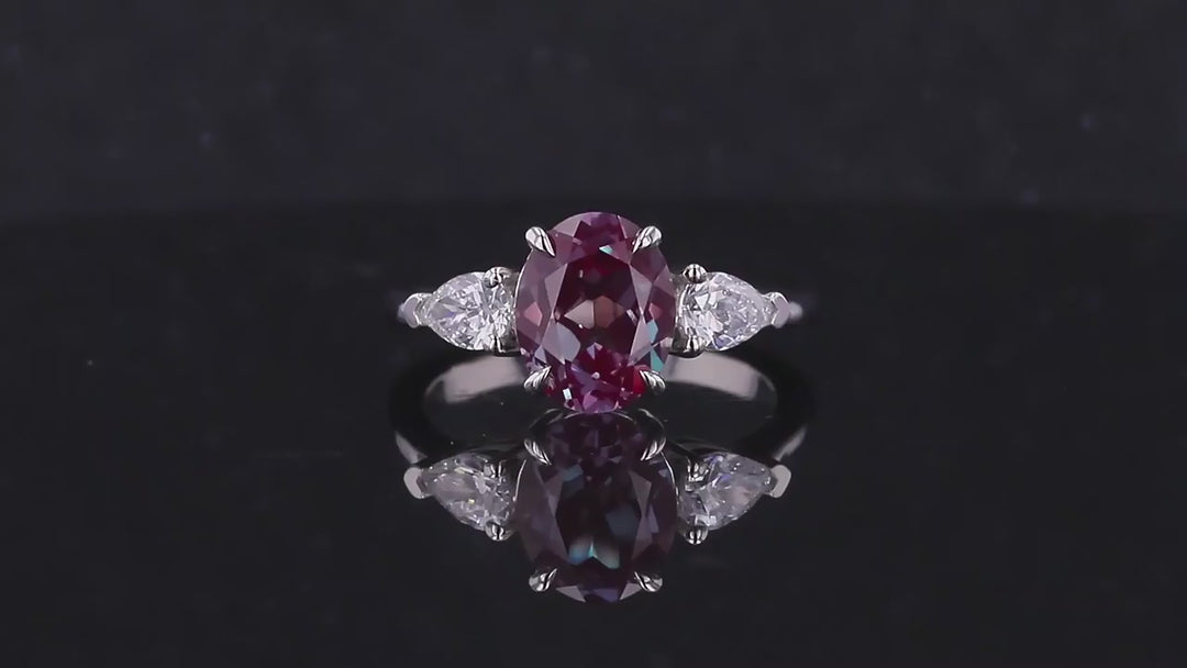 8*10mm Oval Cut Alexandrite with Pear Cut Diamond Three Stone Ring in Solid Platinum 950