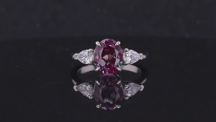 8*10mm Oval Cut Alexandrite with Pear Cut Diamond Three Stone Ring in Solid Platinum 950