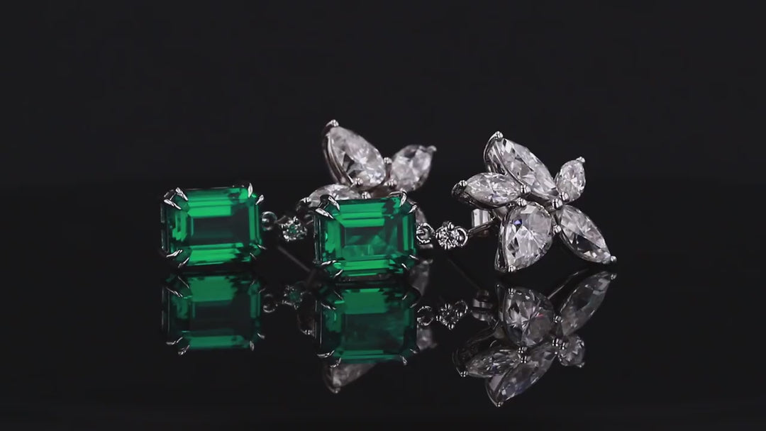 5x7mm, 1.00ct Each Lab-Grown Zambian Emerald Dangle Earrings with Marquise Diamond Flower in 14K White Gold