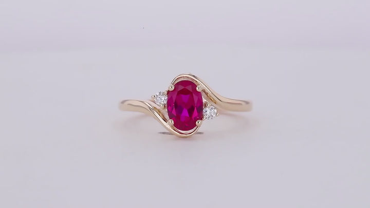 5*7mm Oval Cut Red Ruby with Diamond Twisted Band Ring in 10K Solid Yellow Gold