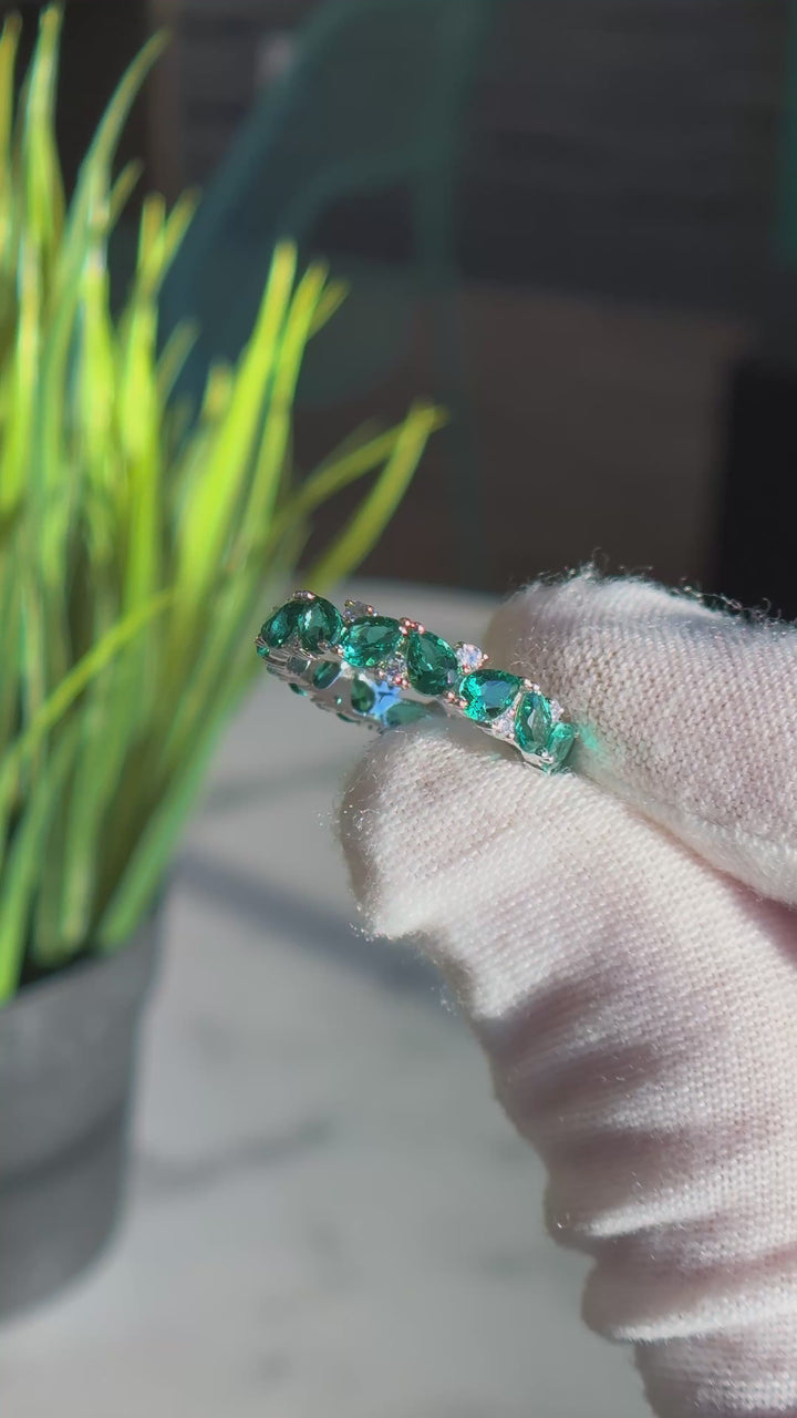 Customized™ 4mm, 1.78ctw Pear Lab-Grown Zambian Emerald & Round Diamonds Eternity Band in White Gold