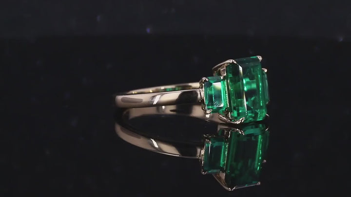 6x9mm, 2.50ctw Emerald Lab-Grown Zambian Emeralds Three-Stone Ring in 14K Yellow Gold
