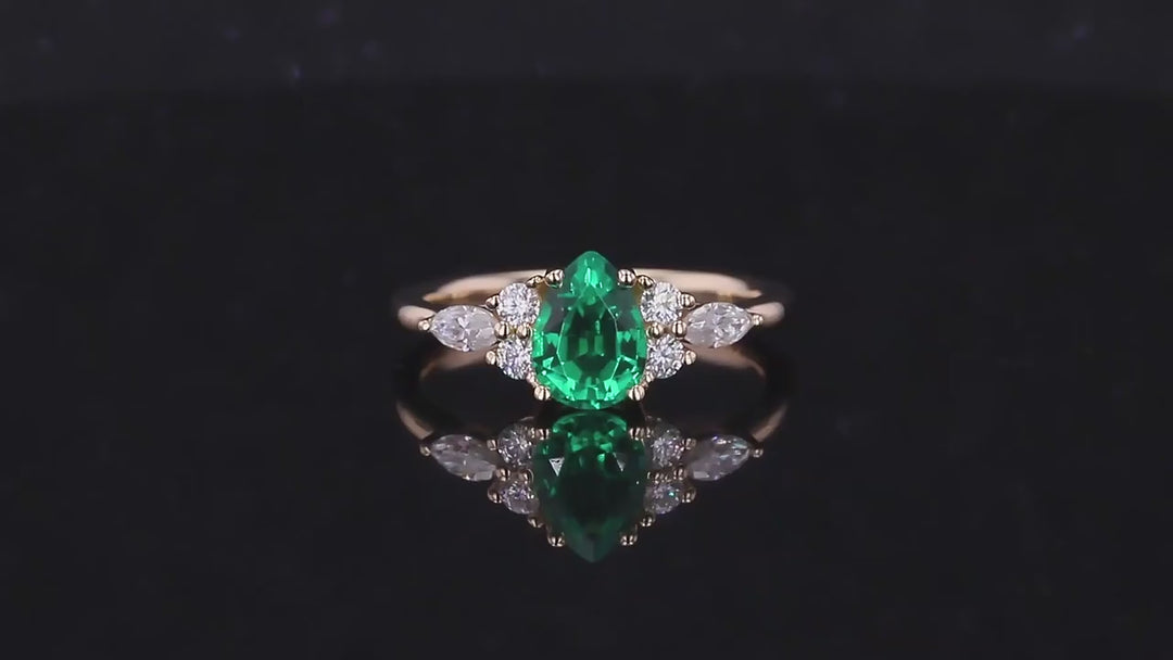 3x5mm, 0.80ct Pear Lab-Grown Colombian Emerald with Diamond Accent Ring in 14K Yellow Gold