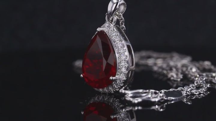 9x13mm, 7.00ct Pear Lab-Grown Red Ruby with Diamond Halo Pendant Necklace in Platinum