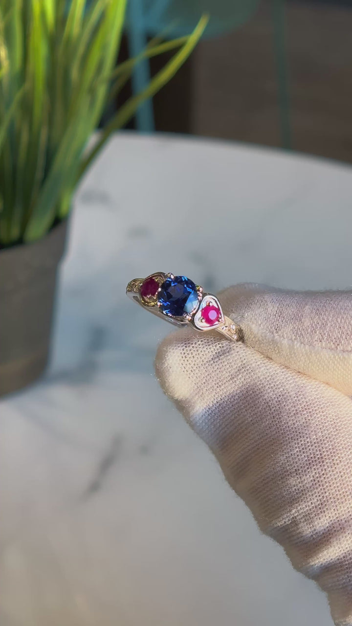 Customized™ 1.00ct Round Sapphire with Natural Rubies Three-Stone Ring in 925 Sterling Silver