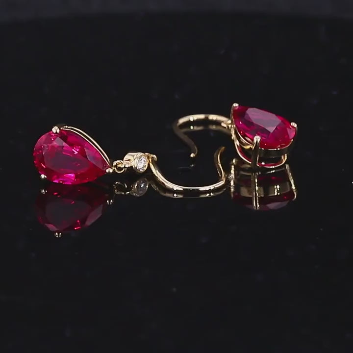 5x7mm, 1ct Each Pear Lab-Grown Ruby with Accent Diamond Dangle Earrings in 14K Yellow Gold