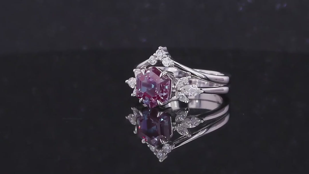 7mm Hexagon Cut Alexandrite with Diamond Ring with Diamond Staking Ring in 14K Solid White Gold