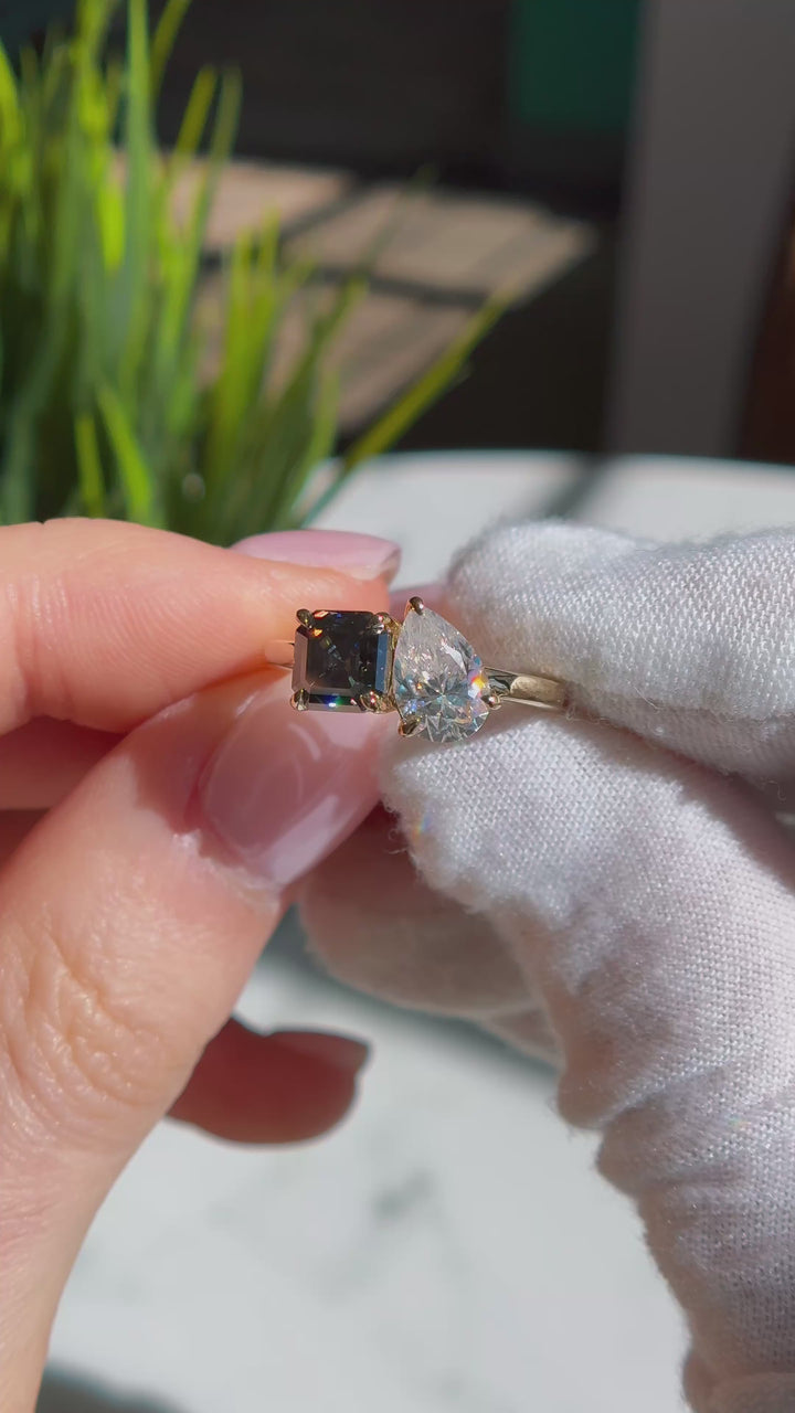 Customized™ 1.50ct Pear Lab-Grown Diamond with 1.50ct Asscher Grey Moissanite Toi Et Moi Ring in Yellow Gold