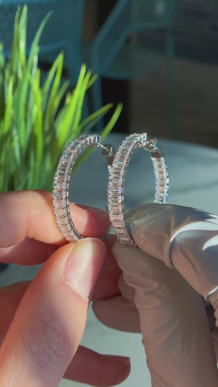 9.9ctw Lab-Grown East-West Emerald-Cut Diamond Hoop Earrings in White Gold