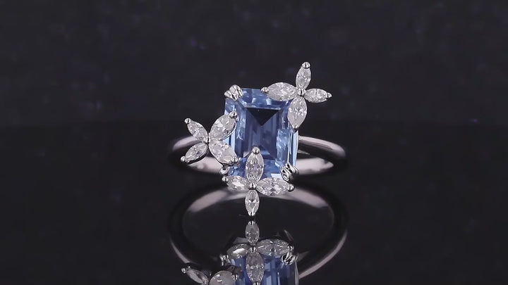 7x9mm, 2.50ct Emerald Lab-Grown Light Blue Sapphire with Diamond Butterflies Ring in 14K White Gold