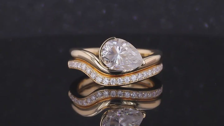 7*10mm Pear Cut Moissanite Curved Ring with Stackable Pave Ring in 18K Solid Yellow Gold
