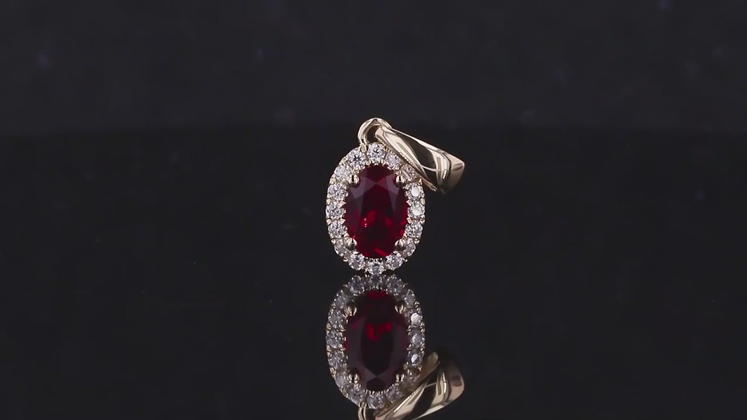 5x7mm, 1.25ct Oval Cut Ruby with Diamond Halo Pendant in 14K Solid Yellow Gold