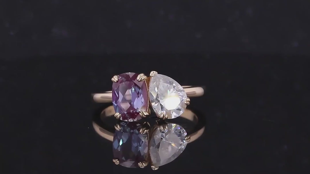 6*8mm Cushion Cut Alexandrite and 6*8mm Pear Cut Moissanite Toi Et Moi Ring in Solid 10K Yellow Gold