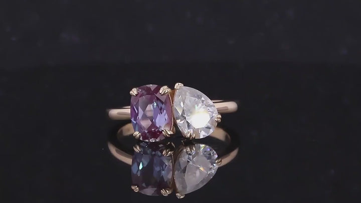 6*8mm Cushion Cut Alexandrite and 6*8mm Pear Cut Moissanite Toi Et Moi Ring in Solid 10K Yellow Gold