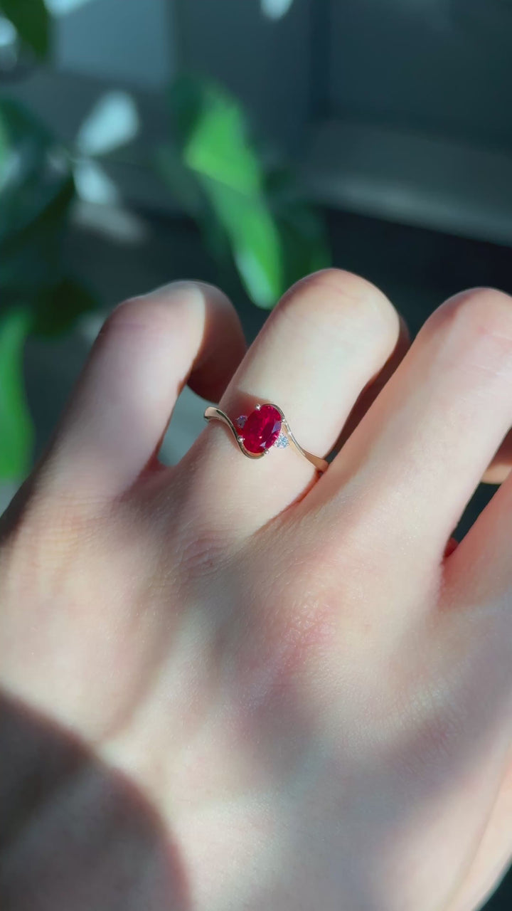 5*7mm Oval Cut Red Ruby with Diamond Twisted Band Ring in 10K Solid Yellow Gold