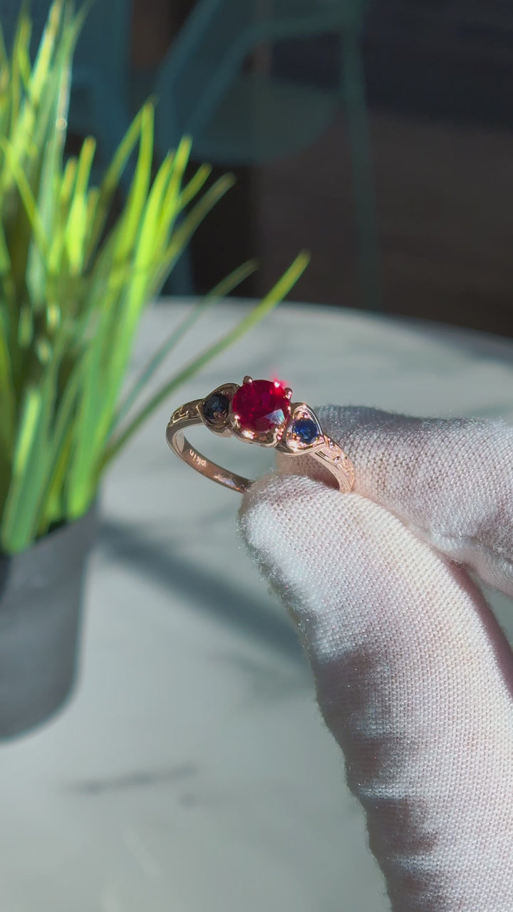 Customized™ "Fusion Harmony" 1.00ct Round Ruby with Natural Sapphires Three-Stone Ring in Rose Gold