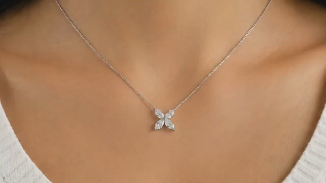 12mm, 0.9ct Marquise Cut Lab Diamond 4-Petal Flower Pendant Necklace in 14K Solid White Gold