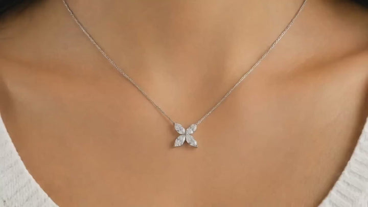 12mm, 0.9ct Marquise Cut Lab Diamond 4-Petal Flower Pendant Necklace in 14K Solid White Gold