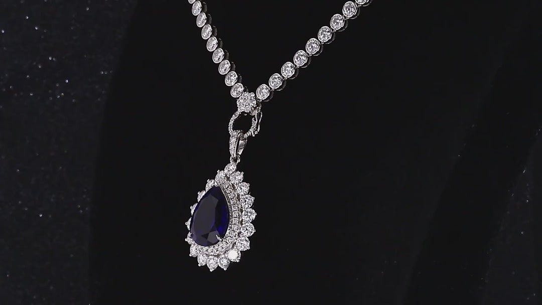 12x16mm, 9.00ct Pear Lab-Grown Blue Sapphire Pendant with Bezel-Set Moissanite Tennis Necklace with 10K White Gold