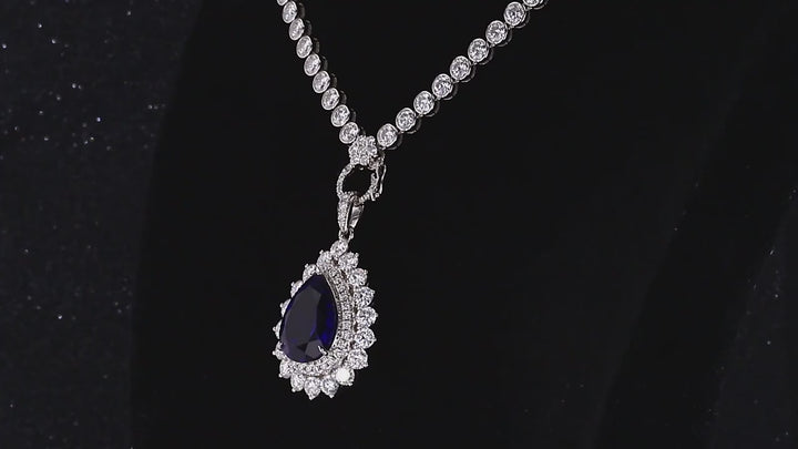 12x16mm, 9.00ct Pear Lab-Grown Blue Sapphire Pendant with Bezel-Set Moissanite Tennis Necklace with 10K White Gold