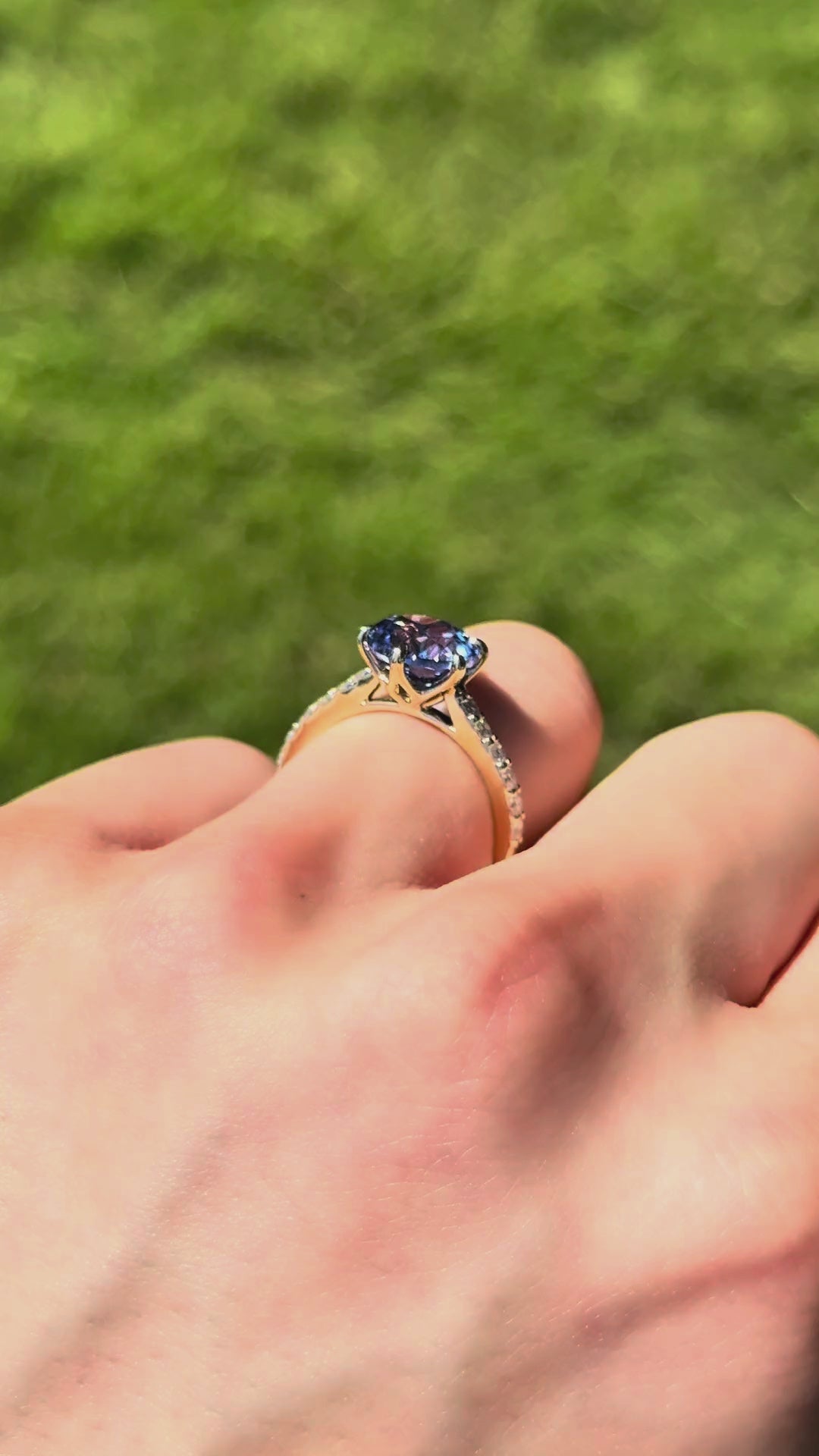The Bluebell in 14K yellow gold — worn on the hand, side view [ld m=y shot=wear]