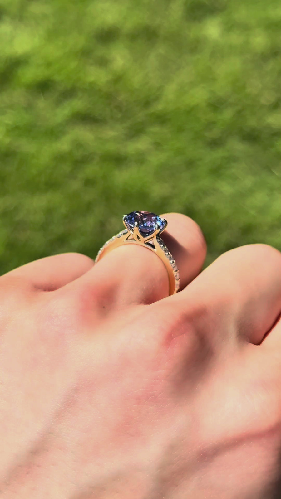 The Bluebell in 14K yellow gold — worn on the hand, side view [ld m=y shot=wear]
