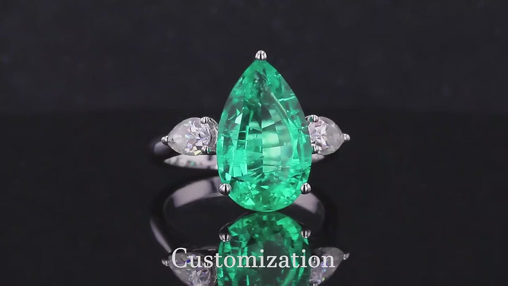 10x16mm, 12ct Pear Lab-Grown Colombian Emerald with Diamond Three-Stone Ring in 18K White Gold