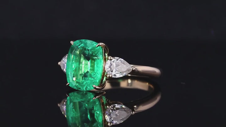 8x10mm, 3.00ct Cushion Lab-Grown Colombian Emerald with Diamonds Three-Stone Ring in 14K Yellow Gold