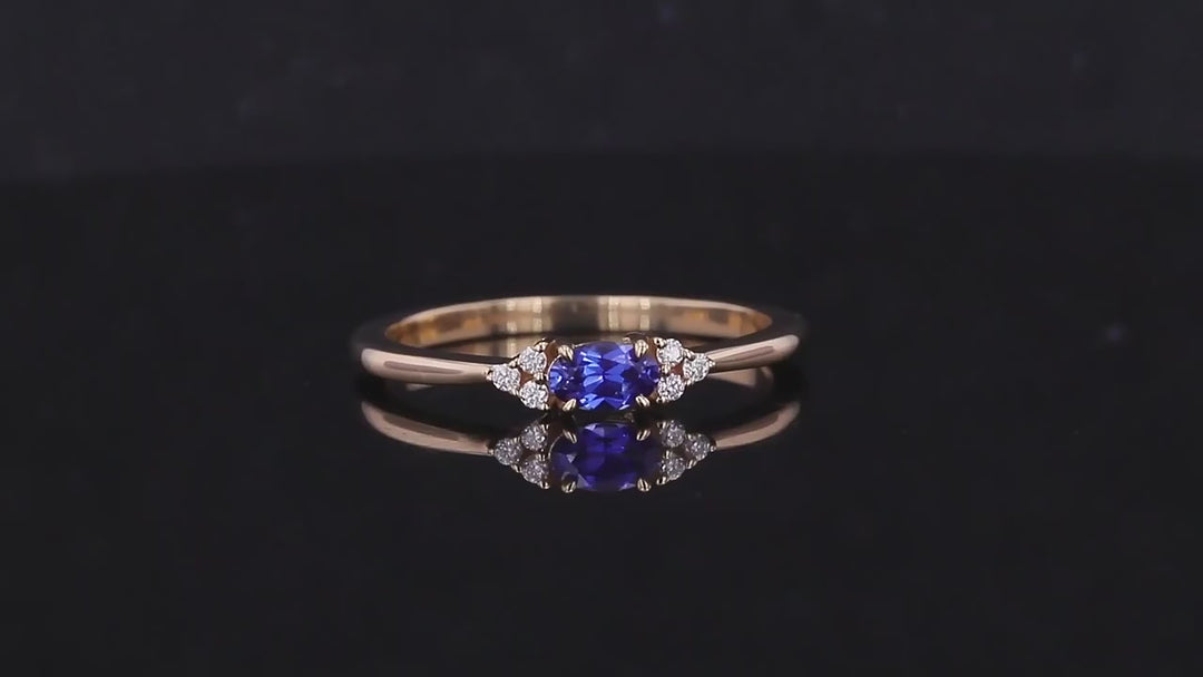 3x5mm, 0.3ct Oval Lab-Grown Blue Sapphire Ring with Diamond Accents in 14K Yellow Gold