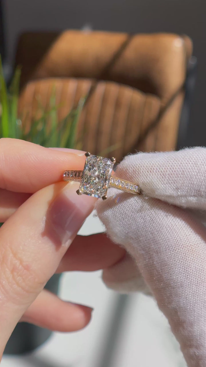 Customized™ 3.00ct Radiant Lab-Grown Diamond Ring with Pavé Diamonds in Yellow Gold