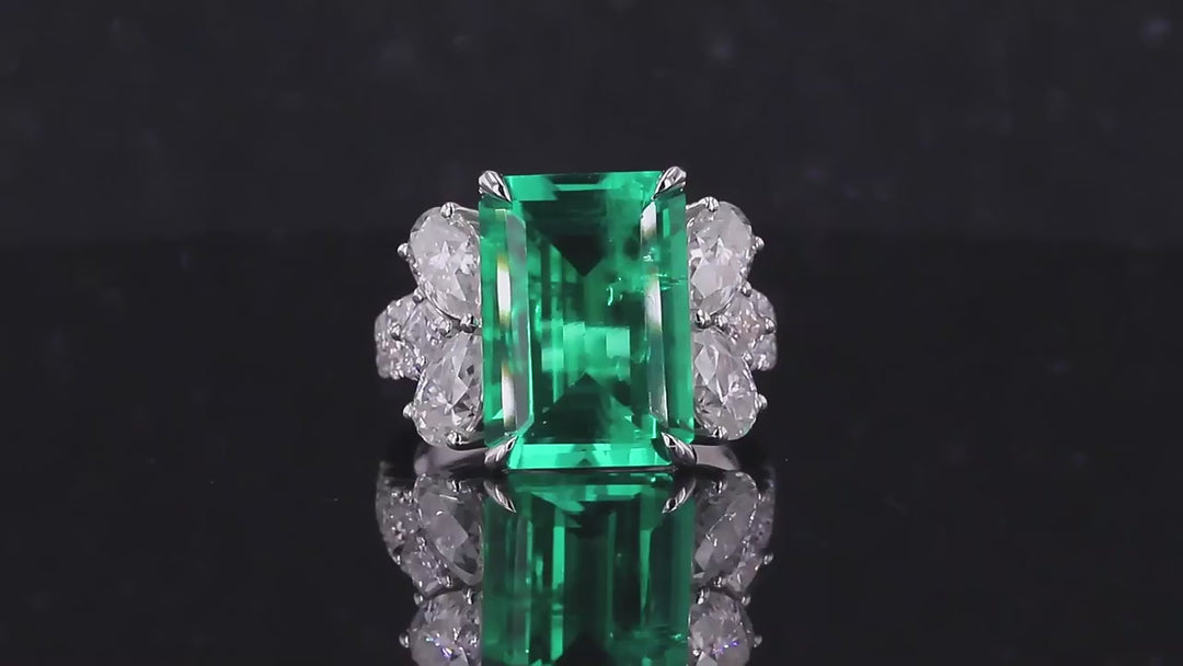 10x14mm, 7.30ct Lab-Grown Colombian Emerald with Pear/Round Cut Accent Diamond Ring in 14K White Gold