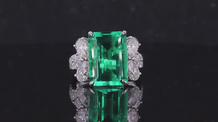 10x14mm, 7.30ct Lab-Grown Colombian Emerald with Pear/Round Cut Accent Diamond Ring in 14K White Gold