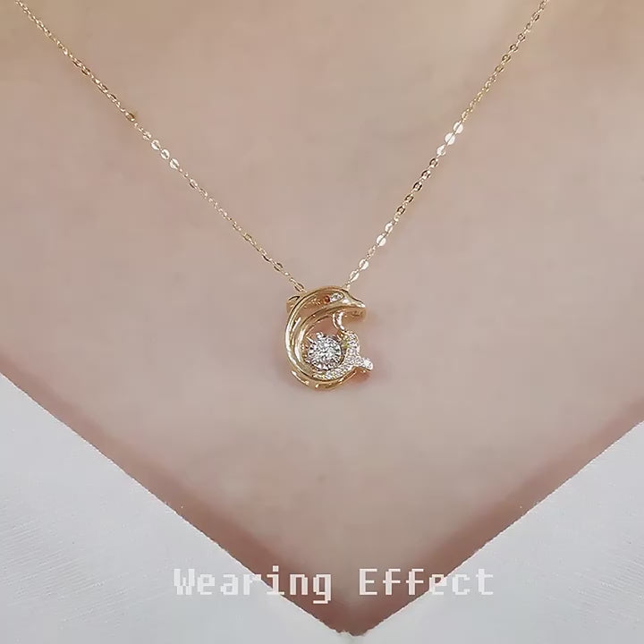Dolphin Pendant Necklace with Dancing Diamond in 18K Solid Yellow Gold