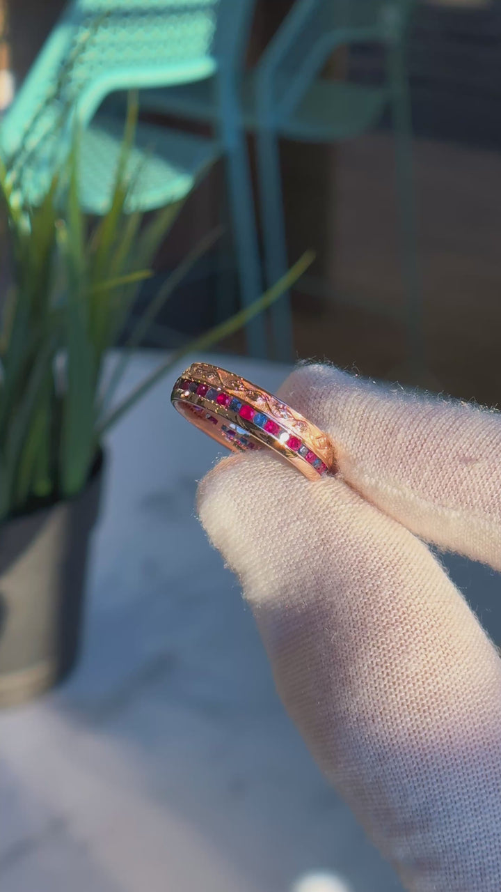 Customized™ Natural Ruby and Sapphire 5mm Band with Leaf Pattern in Rose Gold