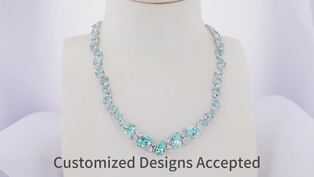21.651ct Pear Cut Paraiba and Moissanite Necklace with 14K Solid White Gold