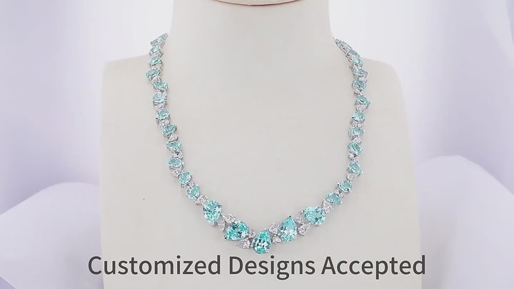 21.651ct Pear Cut Paraiba and Moissanite Necklace with 14K Solid White Gold