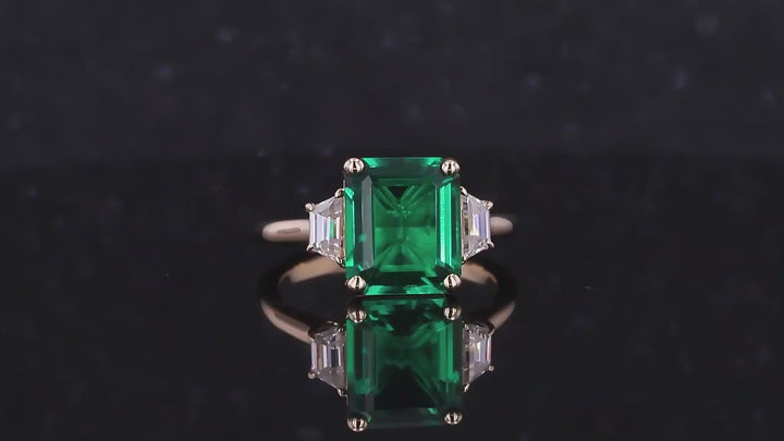 8x10mm, 3.00ct Lab-Grown Zambian Emerald with Diamond Three-Stone Ring in 14K Yellow Gold