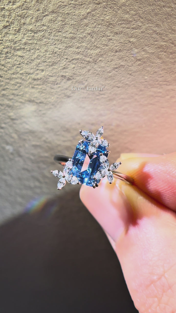 The Jardin — Emerald-Cut Light Blue Sapphire Floral Ring