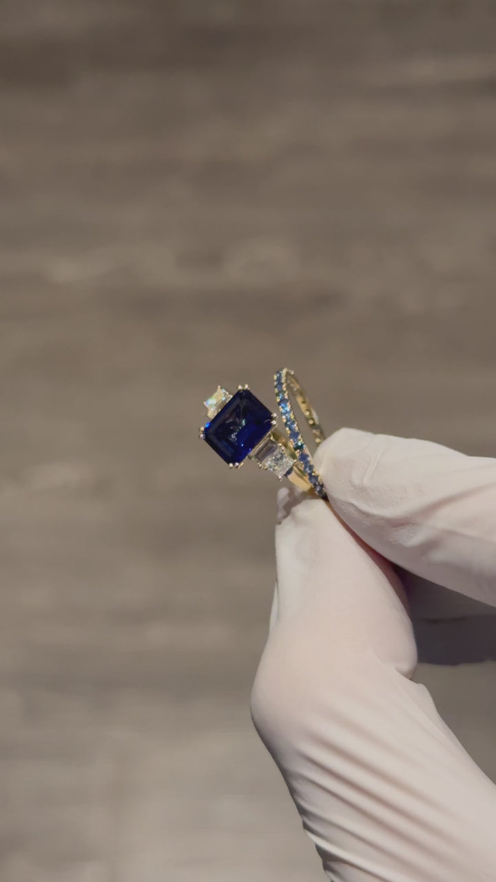 Customized™ 7x9mm, 4.27ct Emerald Cut Blue Sapphire Ring with Diamonds + Stacking Natural Sapphire Eternity Ring in 14K Solid Yellow Gold