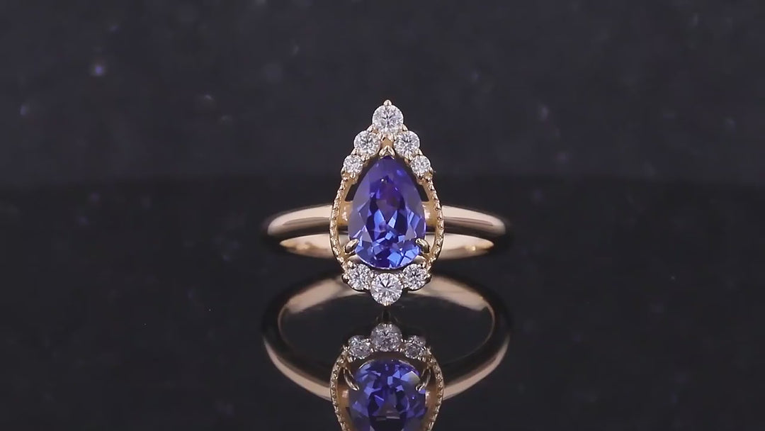 The Teardrop — Blue Pear Sapphire with Diamond Halo Ring