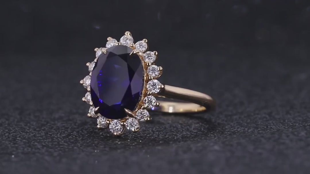 8x11mm, 5.27ct Oval Lab-Grown Blue Sapphire "Diana Setting" Ring with Diamond Halo in 14K Yellow Gold