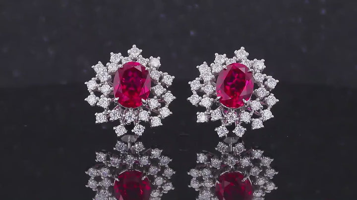 7x9mm, 2.50ct Each Oval Lab-Grown Red Ruby with Diamond Halo Earrings in 14K White Gold