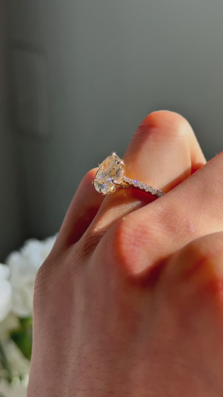 Lotus Lace Bold with an oval center in 14K yellow gold — underside, worn face-on [ld m=y look=oval shot=under]
