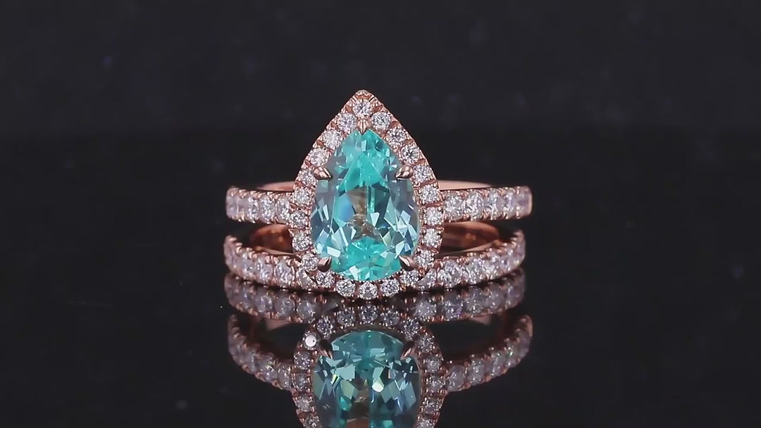 7x10mm Pear Cut Paraiba Diamond Halo/Half Eternity Ring with Staking Band in 18K Solid Rose Gold
