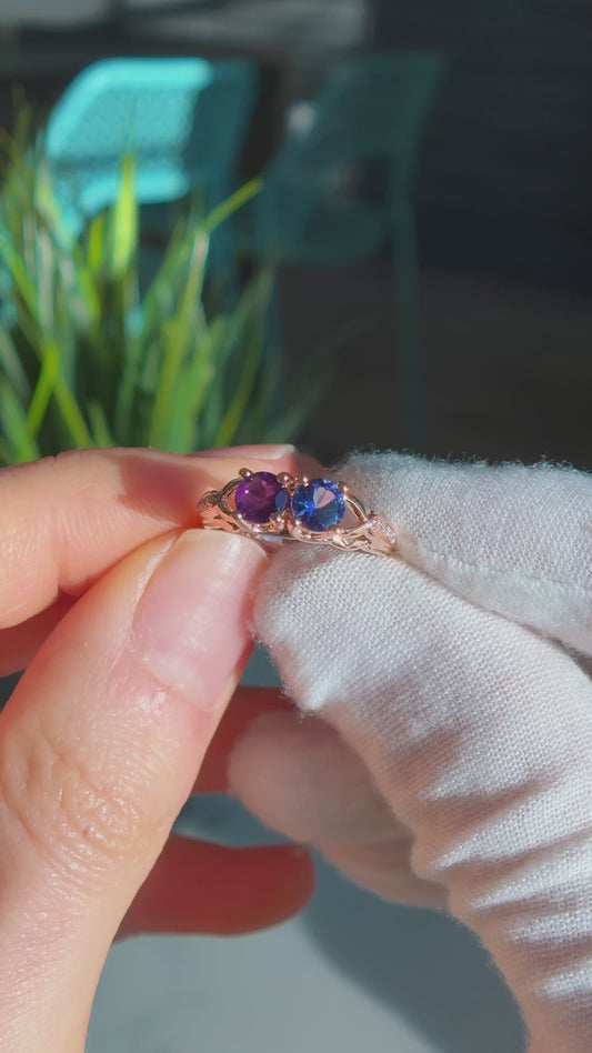 Customized™ Natural Tanzanite and Amethyst Two-Stone Ring in 18K Rose Gold