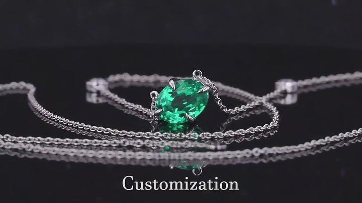 6x8mm, 1.50ct Oval Lab-Grown Colombian Emerald Pendant with Diamond Accent Necklace in 14K White Gold