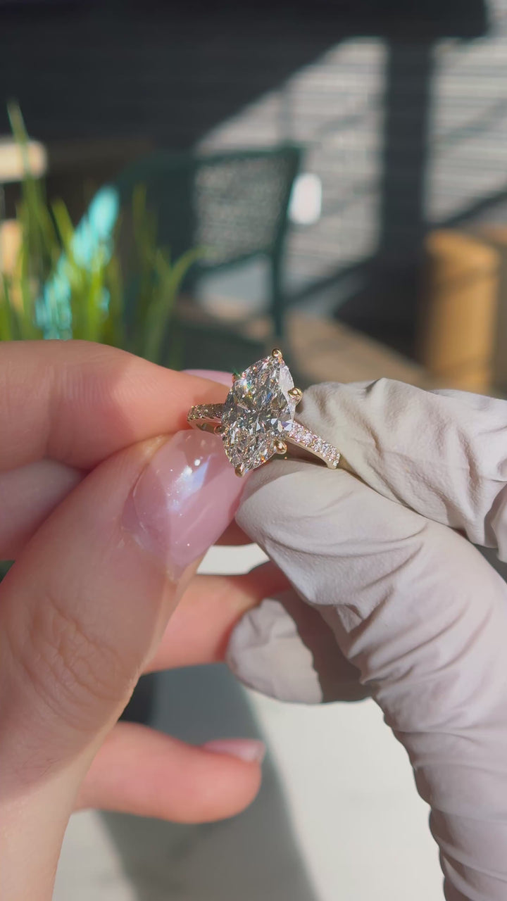 Customized™ 3.00ct Marquise Lab-Grown Diamond Ring with Hidden Halo/Pavé Cathedral Bridge/Diamond Band in Yellow Gold