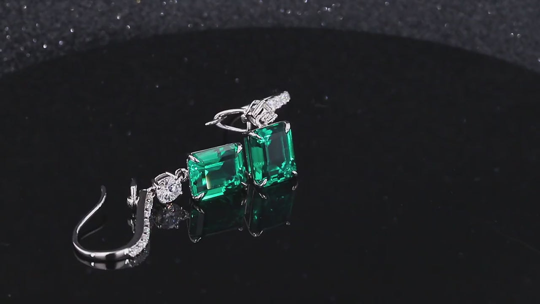 9x11mm, 3.50ct Each Emerald Cut Zambian Emerald with Diamond Dangle Earrings in 14K Solid White Gold