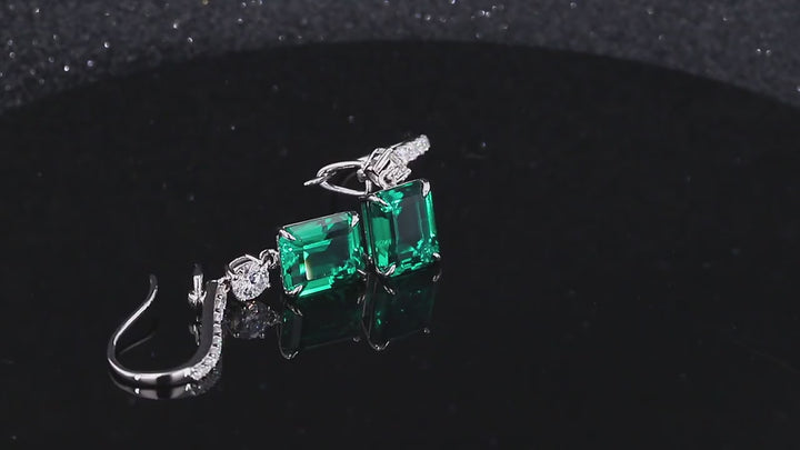 9x11mm, 3.50ct Each Emerald Cut Zambian Emerald with Diamond Dangle Earrings in 14K Solid White Gold